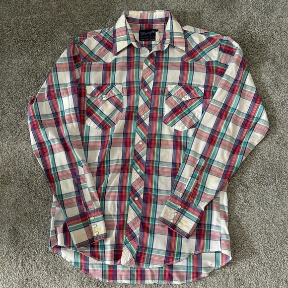 Vintage wrangler shirt mens medium red blue pearl snap  western rodeo cowboy 90s - Picture 5 of 14